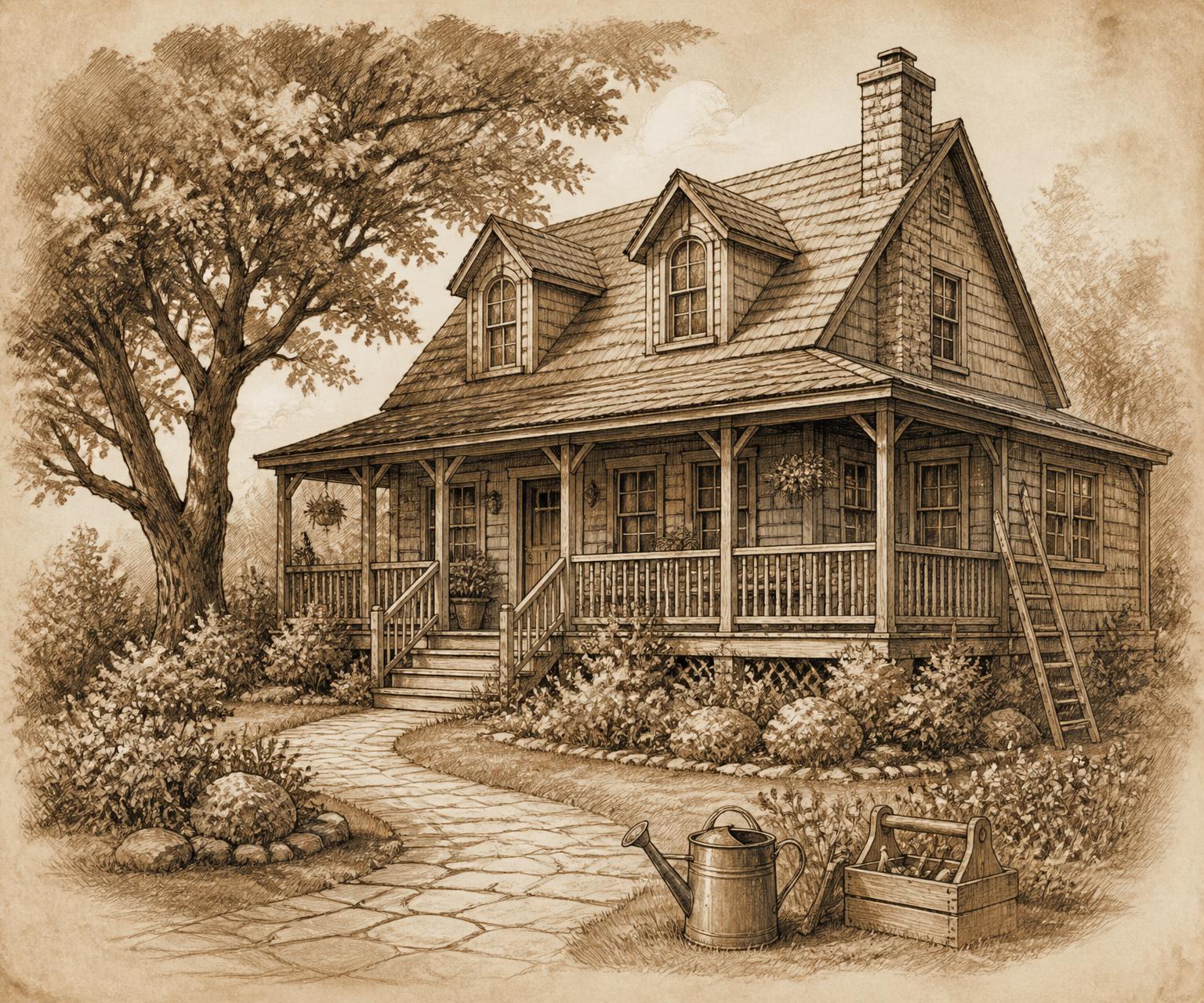 Detailed vintage pencil illustration of a Canadian cottage with a covered porch, mature tree, garden, ladder, watering can and toolbox